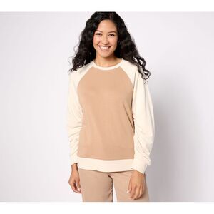 Studio Park Women's Top Sz S Ruched Sleeve Sweatshirt Tan/Beige A628886